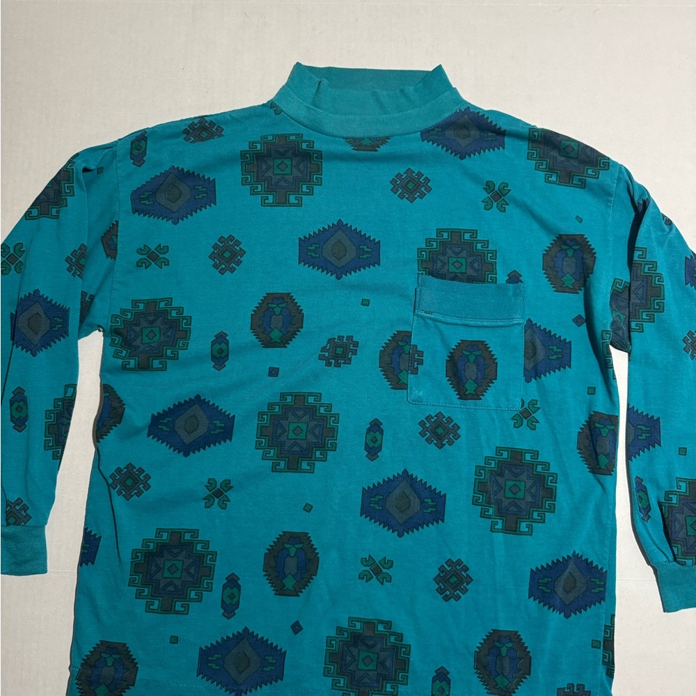 VTG Aztec Native American Pattern LS Pocketed‎ Tee, Teal T-shirt, NoTag (L?)
